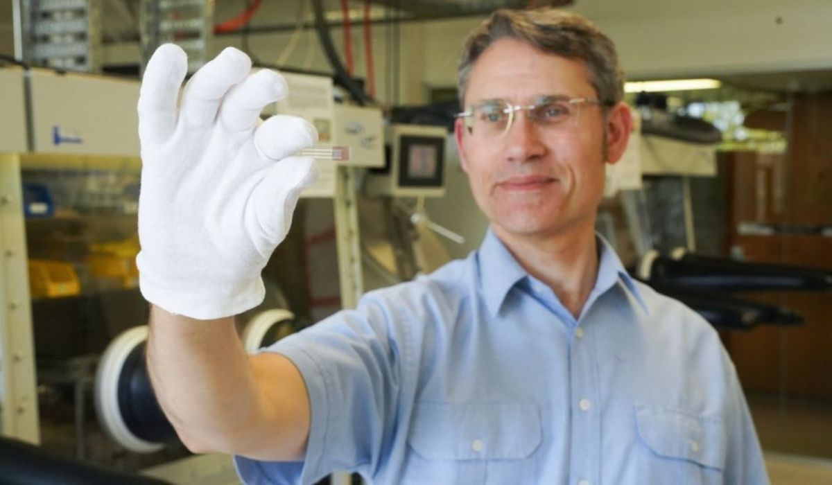 Paul Dastoor, Physicist and Research Leader at the University of Newcastle, holds a non-invasive, printable saliva test strip for diabetics, at the University of Newcastle in Newcastle, New South Wales, Australia, in this undated recent picture obtained by Reuters on July 12, 2021. Courtesy of University of Newcastle / Handout via REUTERS